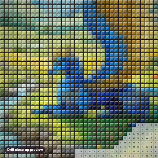 Close-up preview of the Blue & Gold Griffin diamond painting with square 5D drills and printed canvas symbols