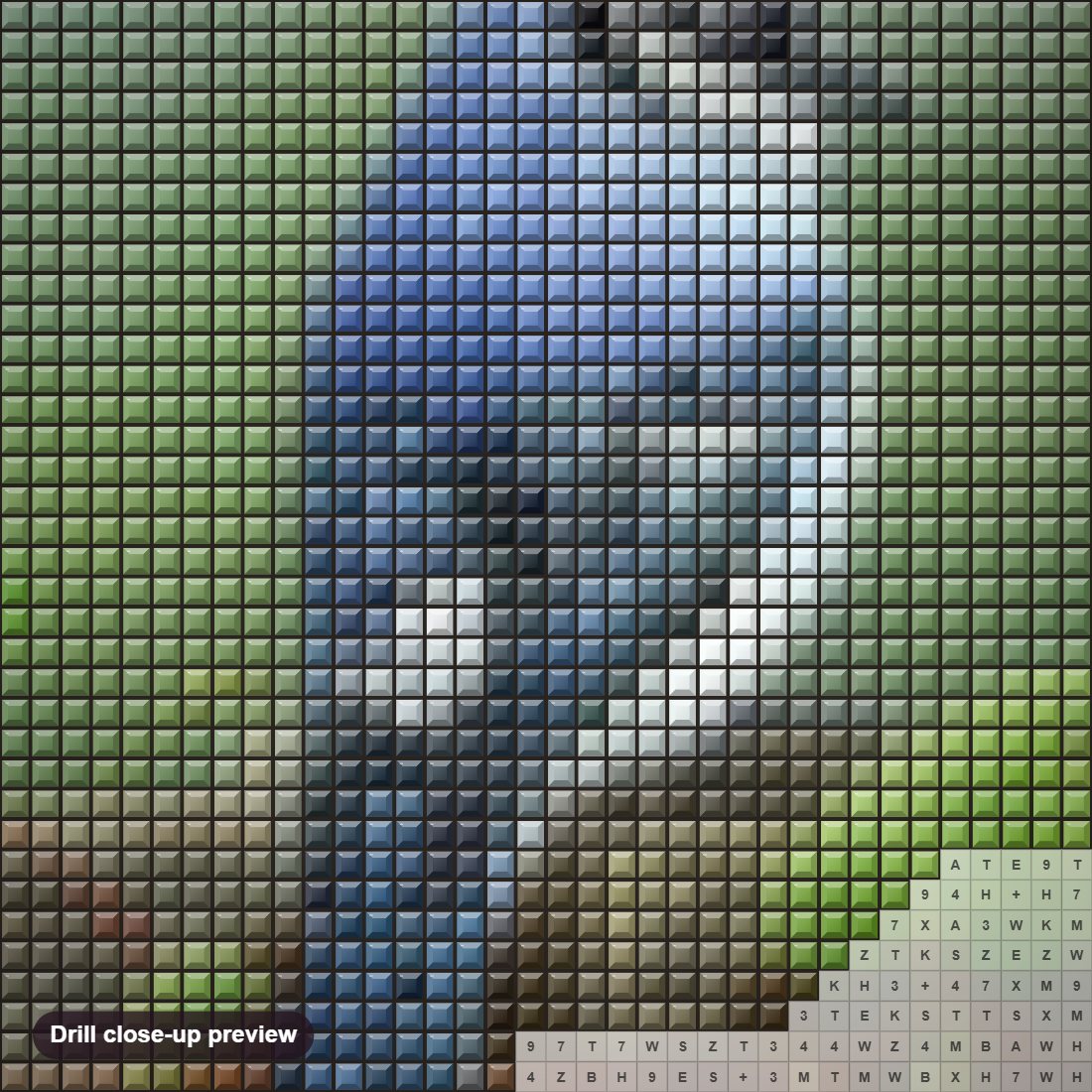 Close-up preview of the Blue Humming Bird diamond painting with square 5D drills and printed canvas symbols