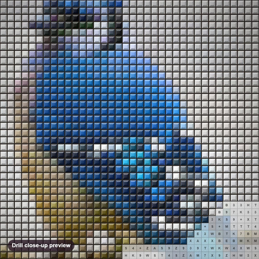 Close-up preview of the Blue Jay diamond painting with square 5D drills and printed canvas symbols