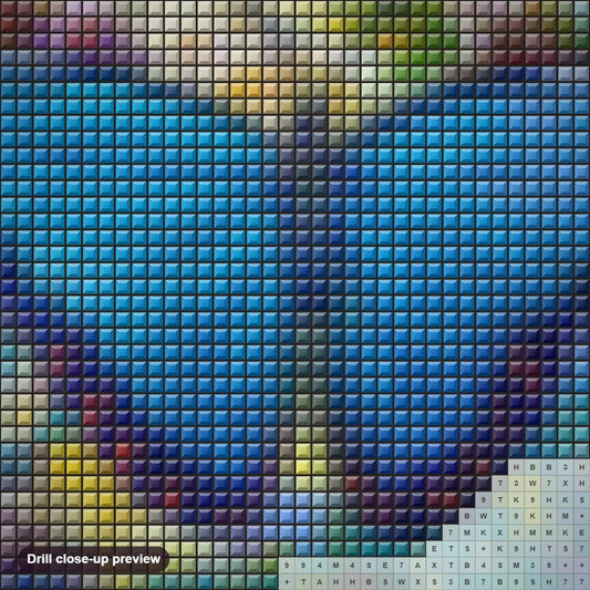Close-up preview of the Blue Morpho diamond painting with square 5D drills and printed canvas symbols