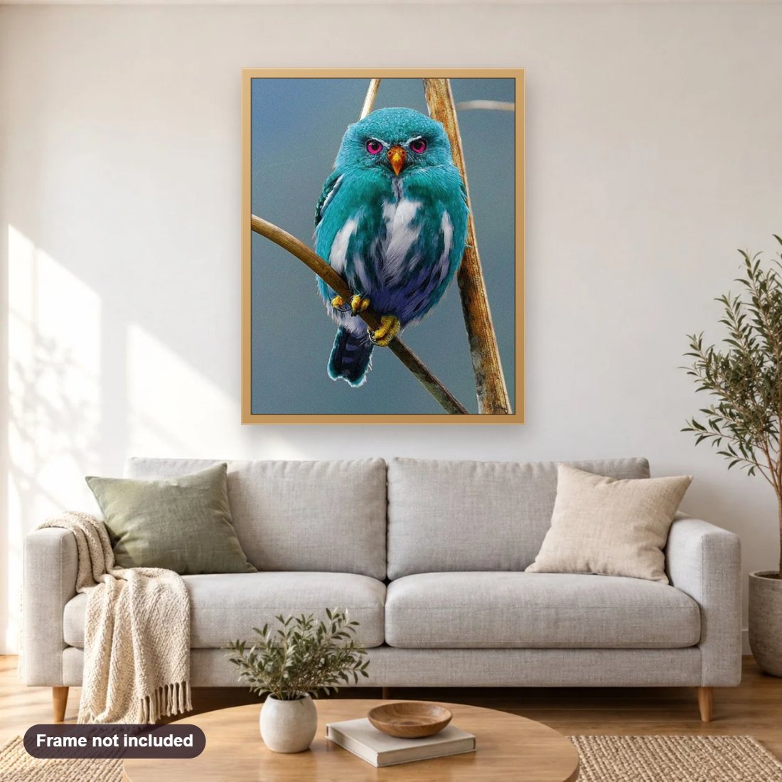 Blue Owl of Madagascar diamond painting shown framed on a living room wall above a sofa