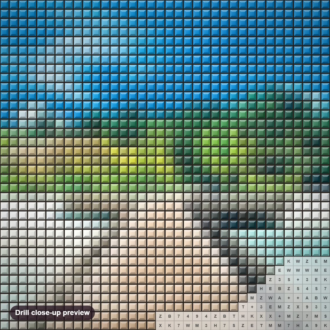 Close-up preview of the Blue Sky & Ocean diamond painting with square 5D drills and printed canvas symbols