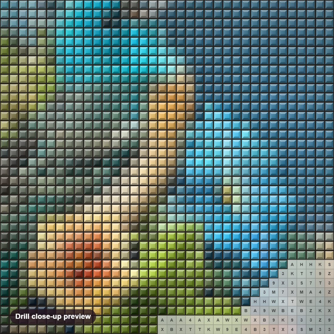 Close-up preview of the Blue Sparrow & Flowers diamond painting with square 5D drills and printed canvas symbols