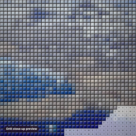 Close-up preview of the Blue Waters diamond painting with square 5D drills and printed canvas symbols