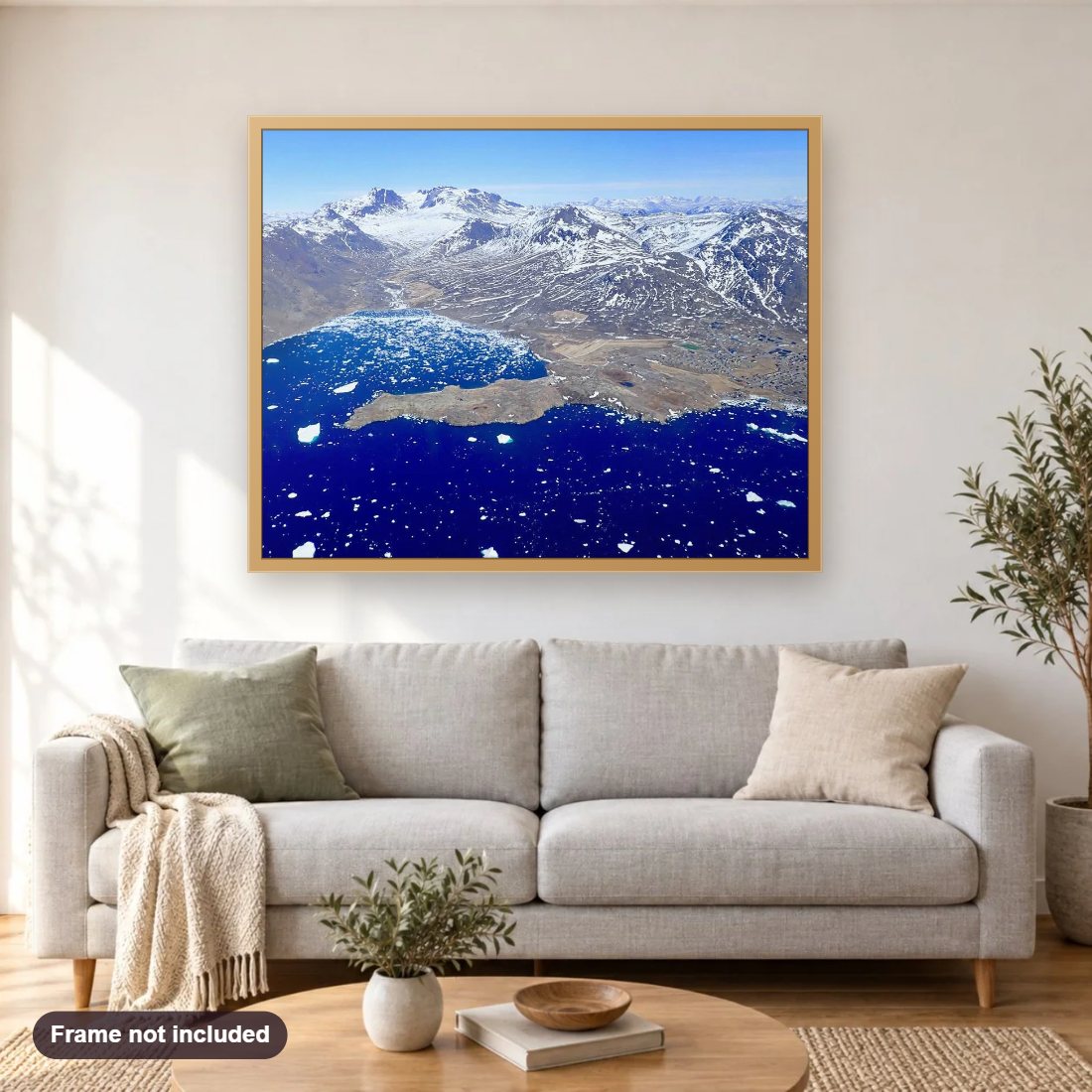 Blue Waters diamond painting shown framed on a living room wall above a sofa