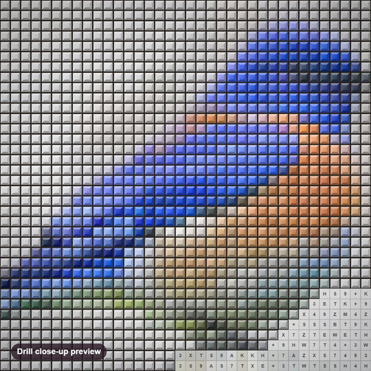 Close-up preview of the BlueBird diamond painting with square 5D drills and printed canvas symbols