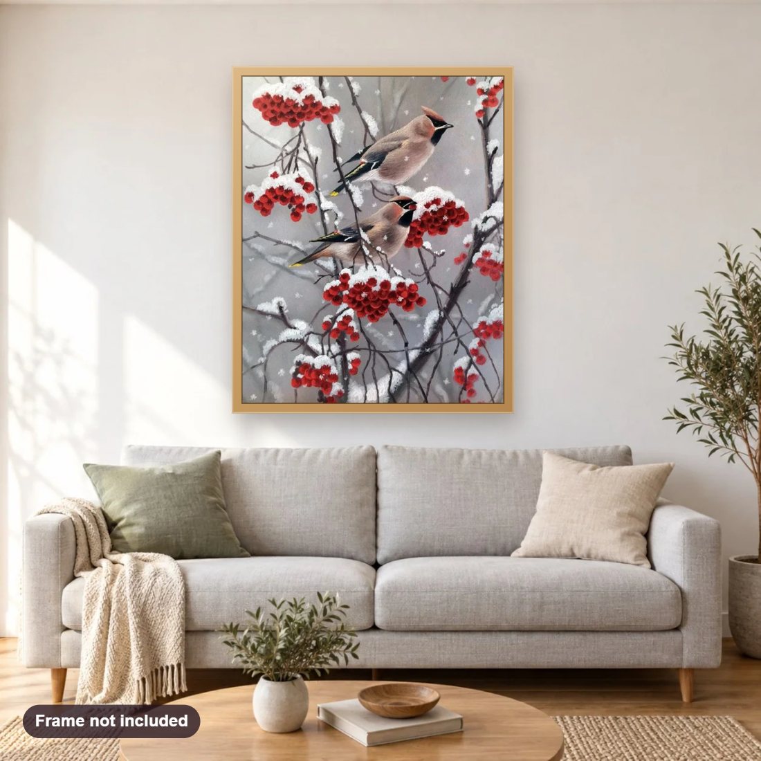 Bohemian waxwing diamond painting shown framed on a living room wall above a sofa