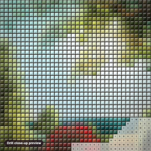 Close-up preview of the Bolinas diamond painting with square 5D drills and printed canvas symbols