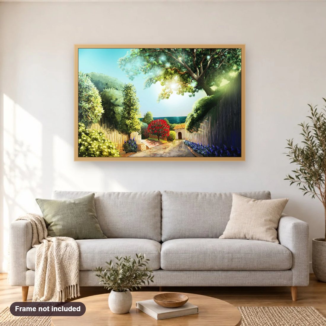 Bolinas diamond painting shown framed on a living room wall above a sofa