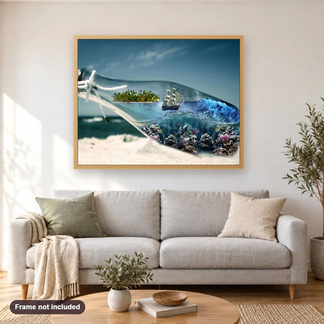 Bottle Landscape diamond painting shown framed on a living room wall above a sofa