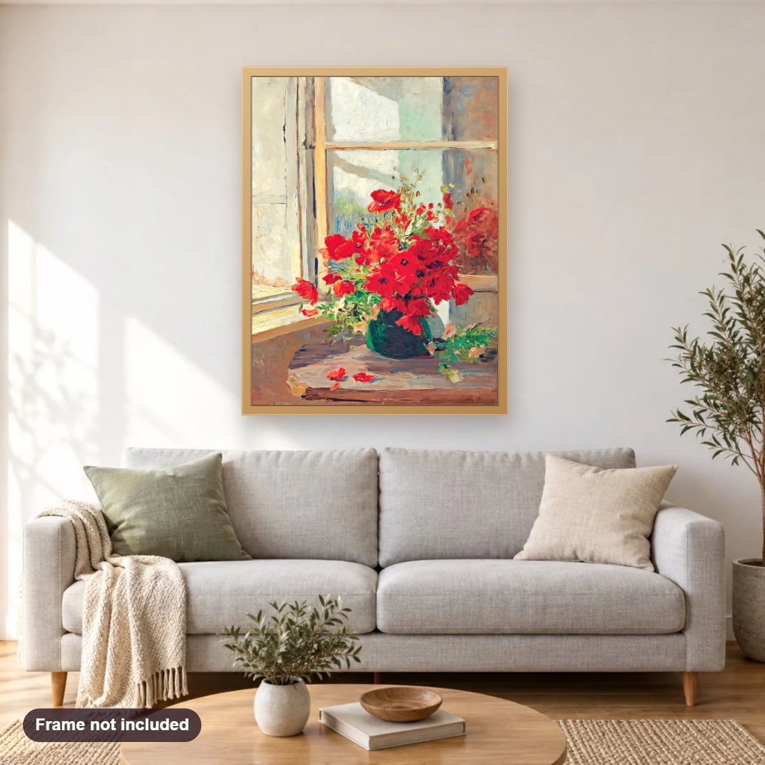 Bouquet Of Poppies diamond painting shown framed on a living room wall above a sofa