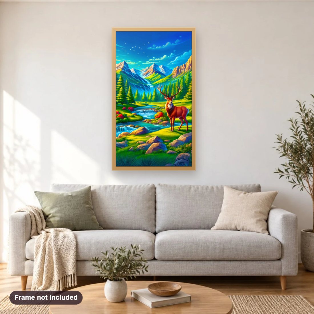 Breathtaking Details of a Beautiful diamond painting shown framed on a living room wall above a sofa