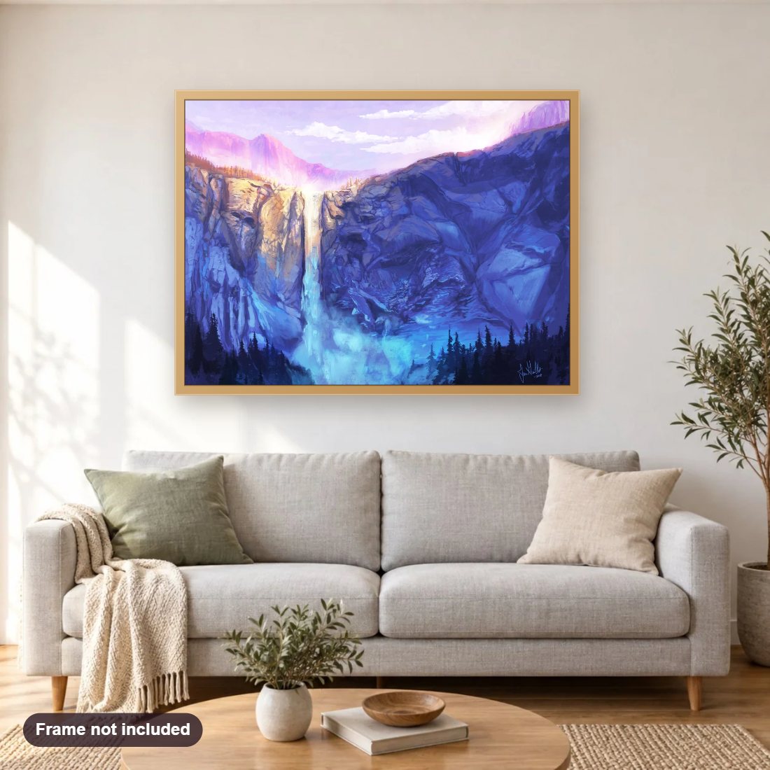 Bridal veil Falls diamond painting shown framed on a living room wall above a sofa