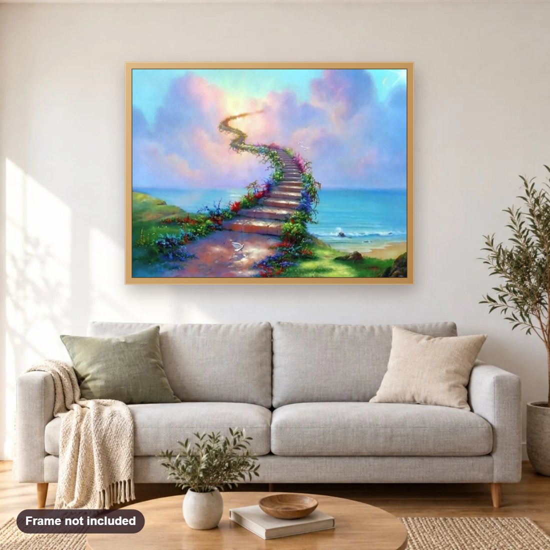 Bridge Between Heaven & Earth diamond painting shown framed on a living room wall above a sofa