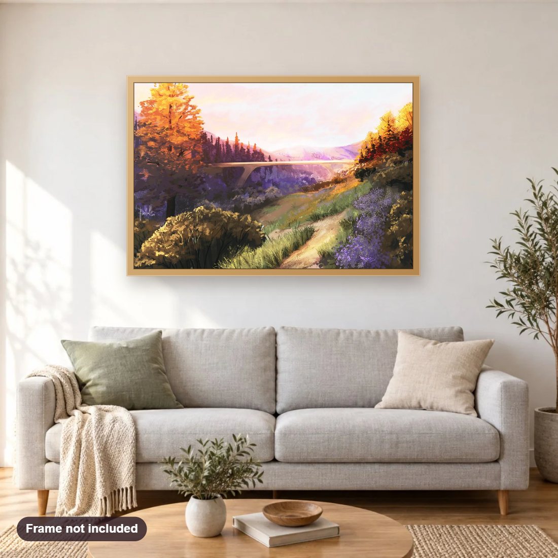 Bridgeville by Jean Guillet diamond painting shown framed on a living room wall above a sofa