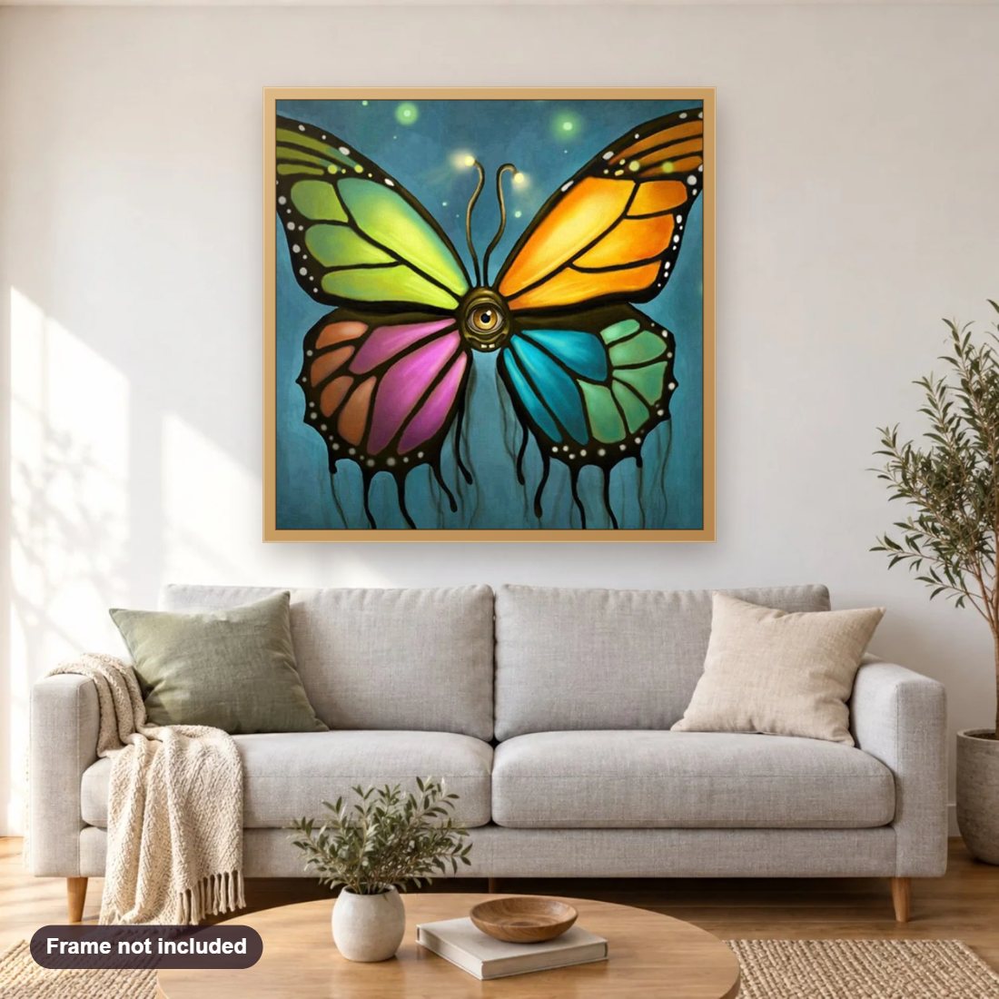 Bright Colored Watching Butterfly diamond painting shown framed on a living room wall above a sofa