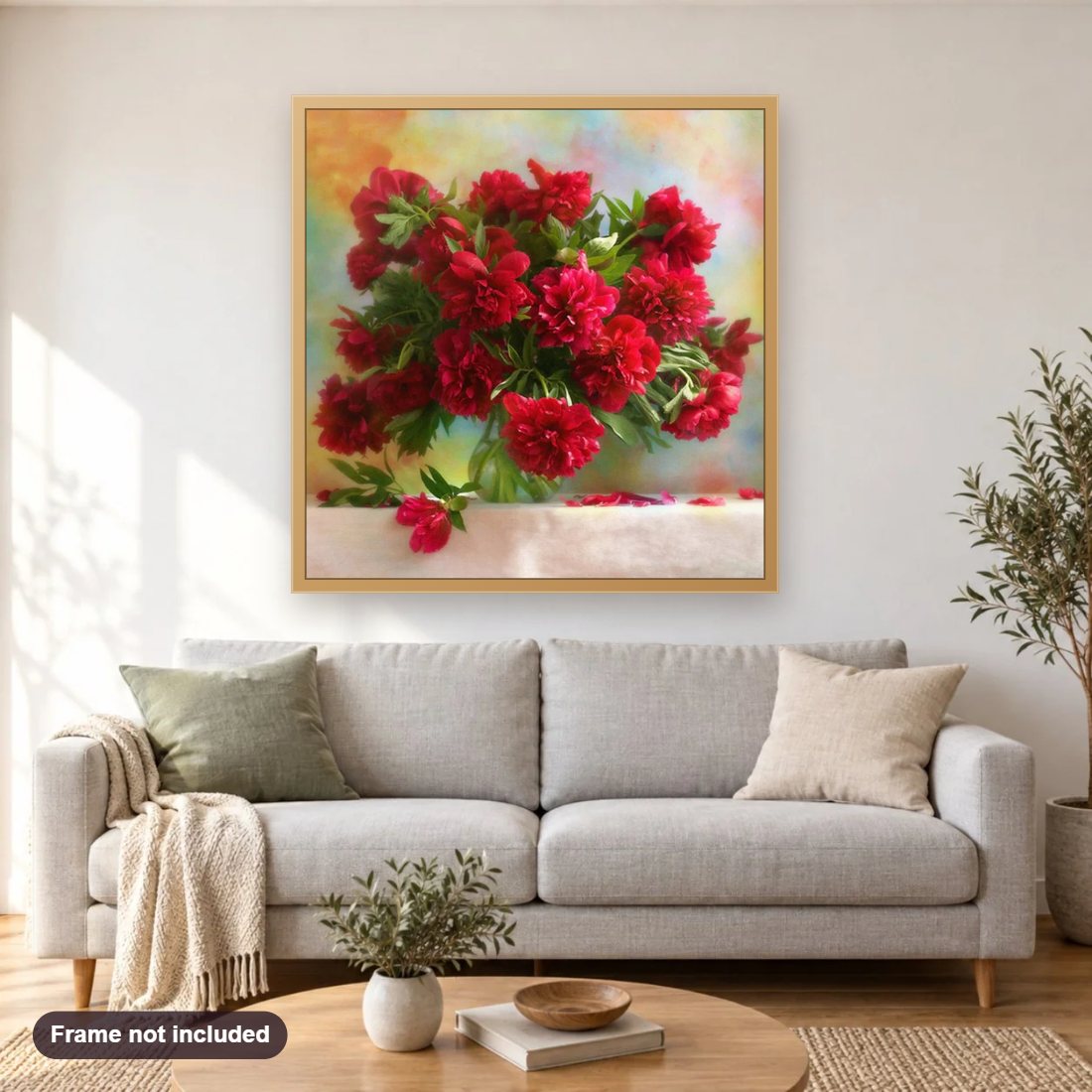 Bright Red Peonies in a Vase diamond painting shown framed on a living room wall above a sofa