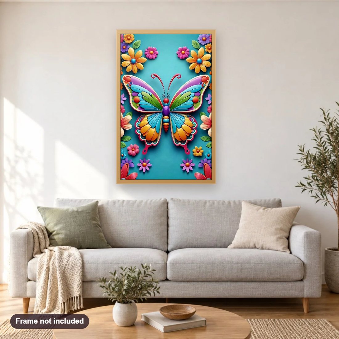 Brightly Colored Butterfly & flowers diamond painting shown framed on a living room wall above a sofa