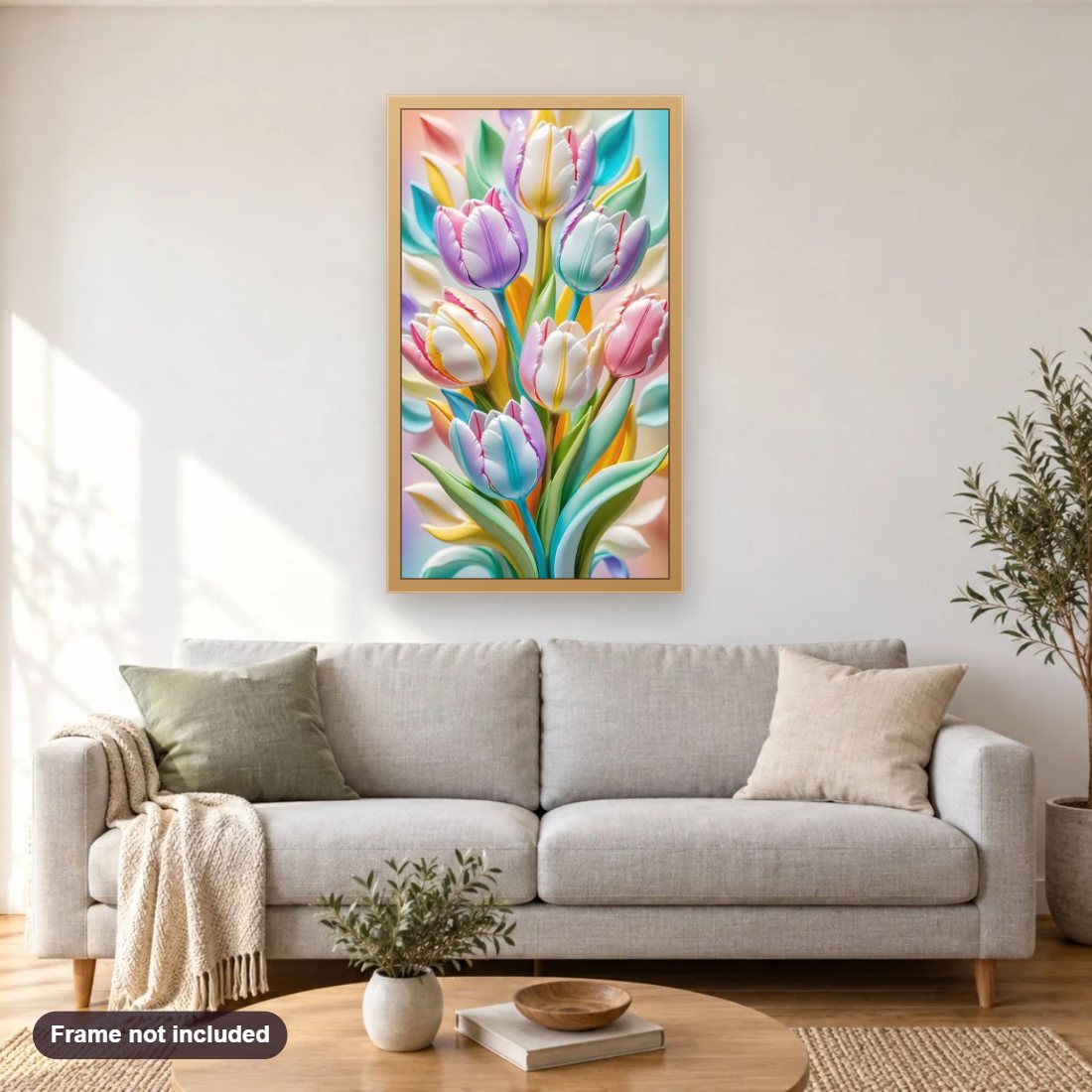 Brightly Colored Tulips Bringing Cheer diamond painting shown framed on a living room wall above a sofa