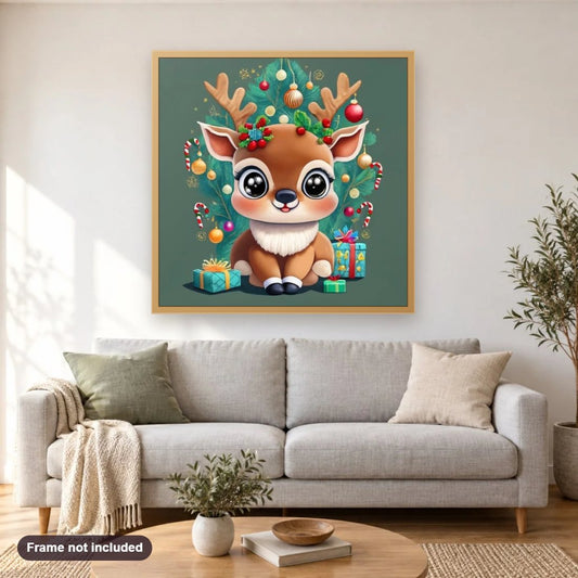 Bringing Christmas Gifts in a Festive Forest diamond painting shown framed on a living room wall above a sofa