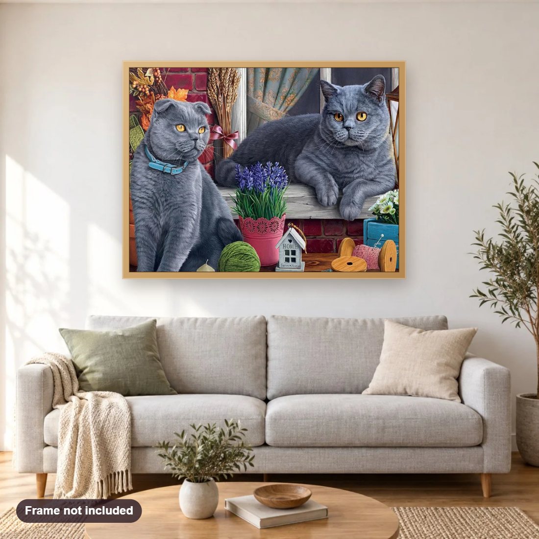 British Short Hair Cats diamond painting shown framed on a living room wall above a sofa