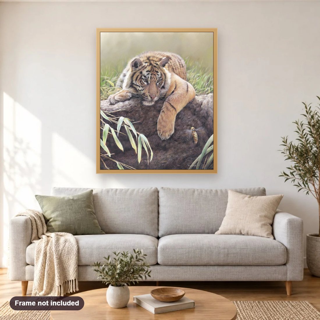 Brother diamond painting shown framed on a living room wall above a sofa