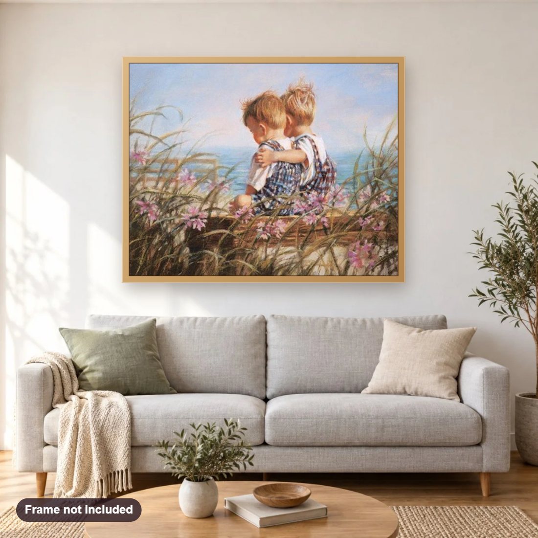 Brothers Love diamond painting shown framed on a living room wall above a sofa