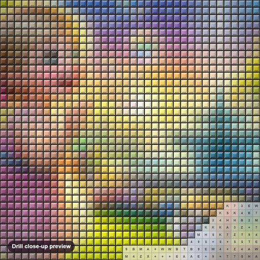 Close-up preview of the Bubble Magic and Kitty Charms diamond painting with square 5D drills and printed canvas symbols