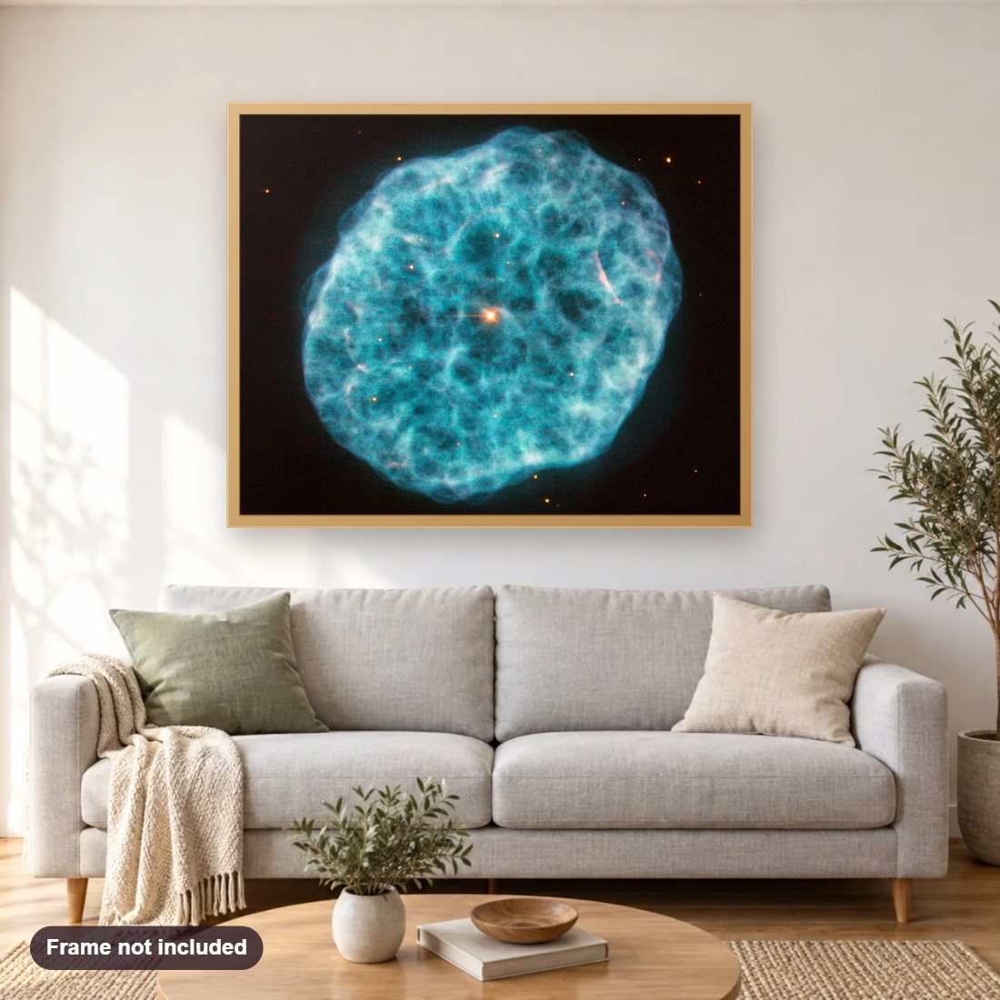 Bubbly Nebula diamond painting shown framed on a living room wall above a sofa
