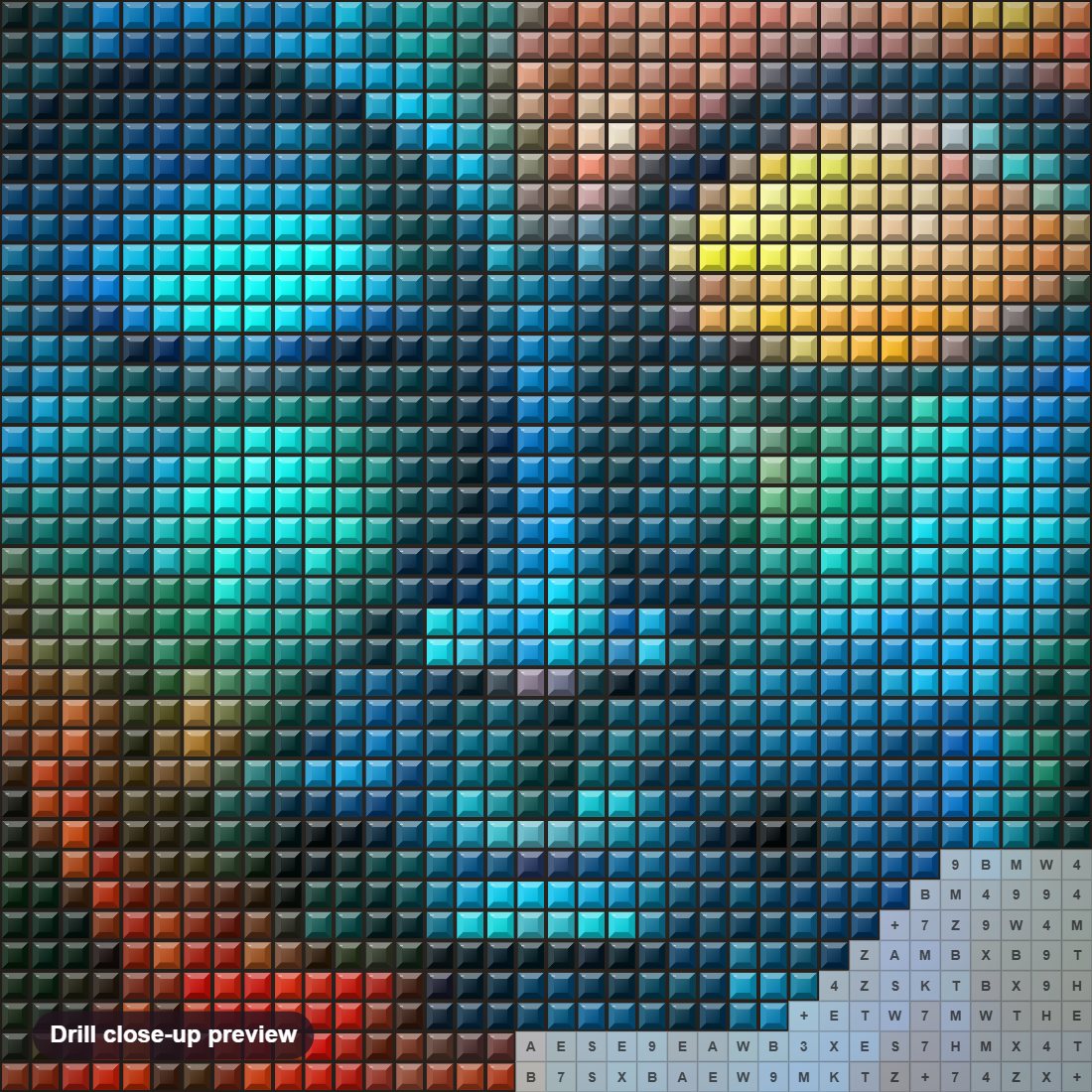 Close-up preview of the Buddha diamond painting with square 5D drills and printed canvas symbols