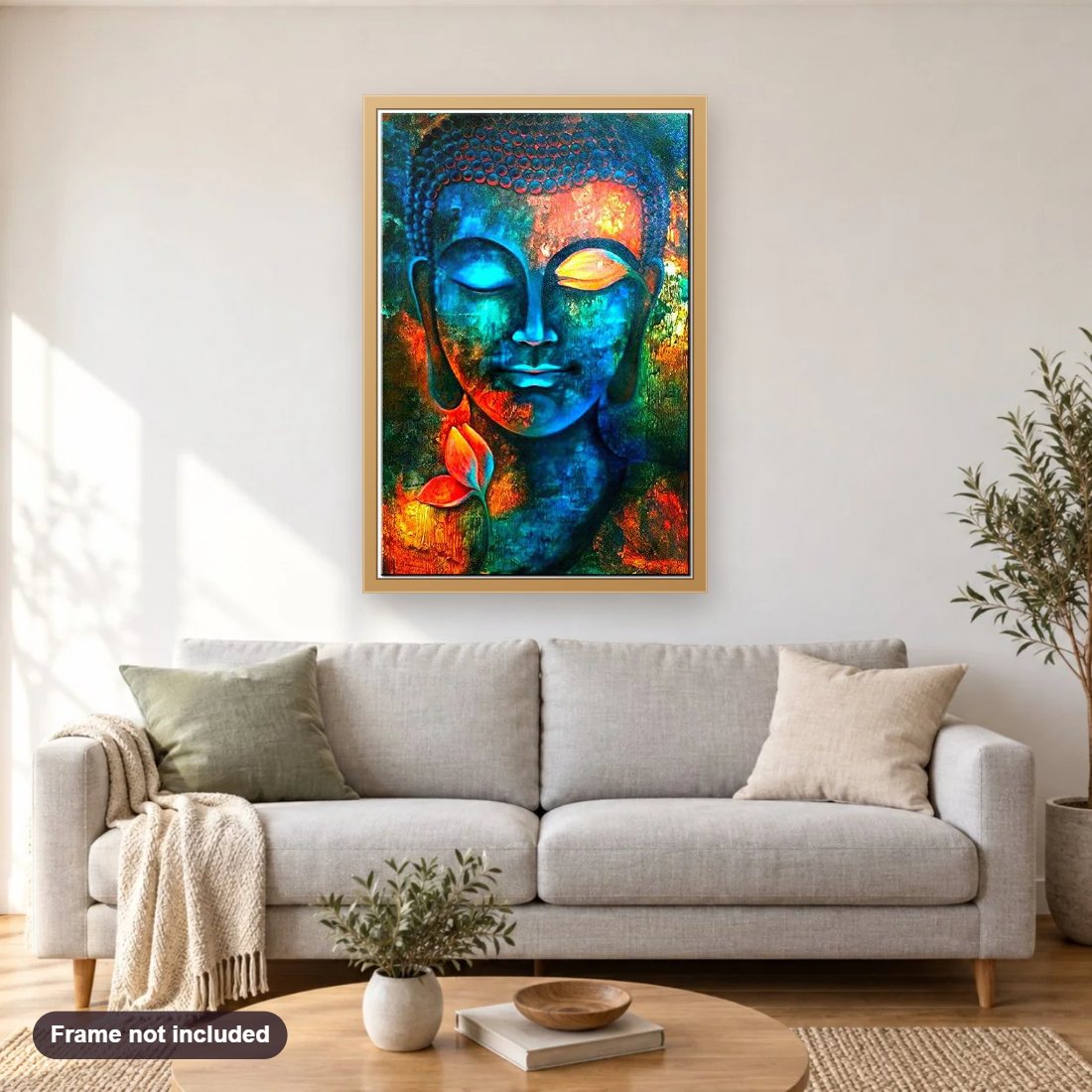 Buddha diamond painting shown framed on a living room wall above a sofa