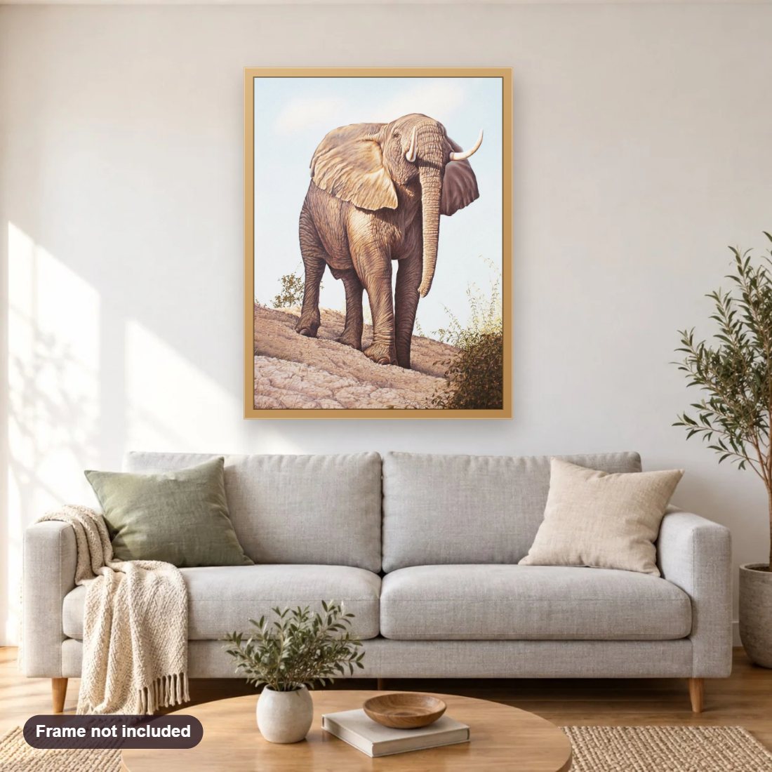 Bull Elephant Zimbabwe diamond painting shown framed on a living room wall above a sofa