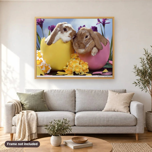 Bunnies in Easter Eggs diamond painting shown framed on a living room wall above a sofa