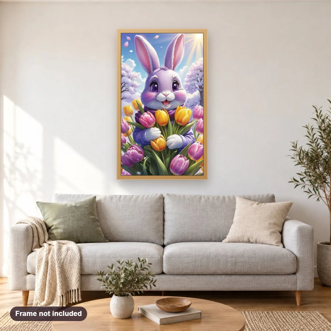 Bunny in a Spring Landscape diamond painting shown framed on a living room wall above a sofa