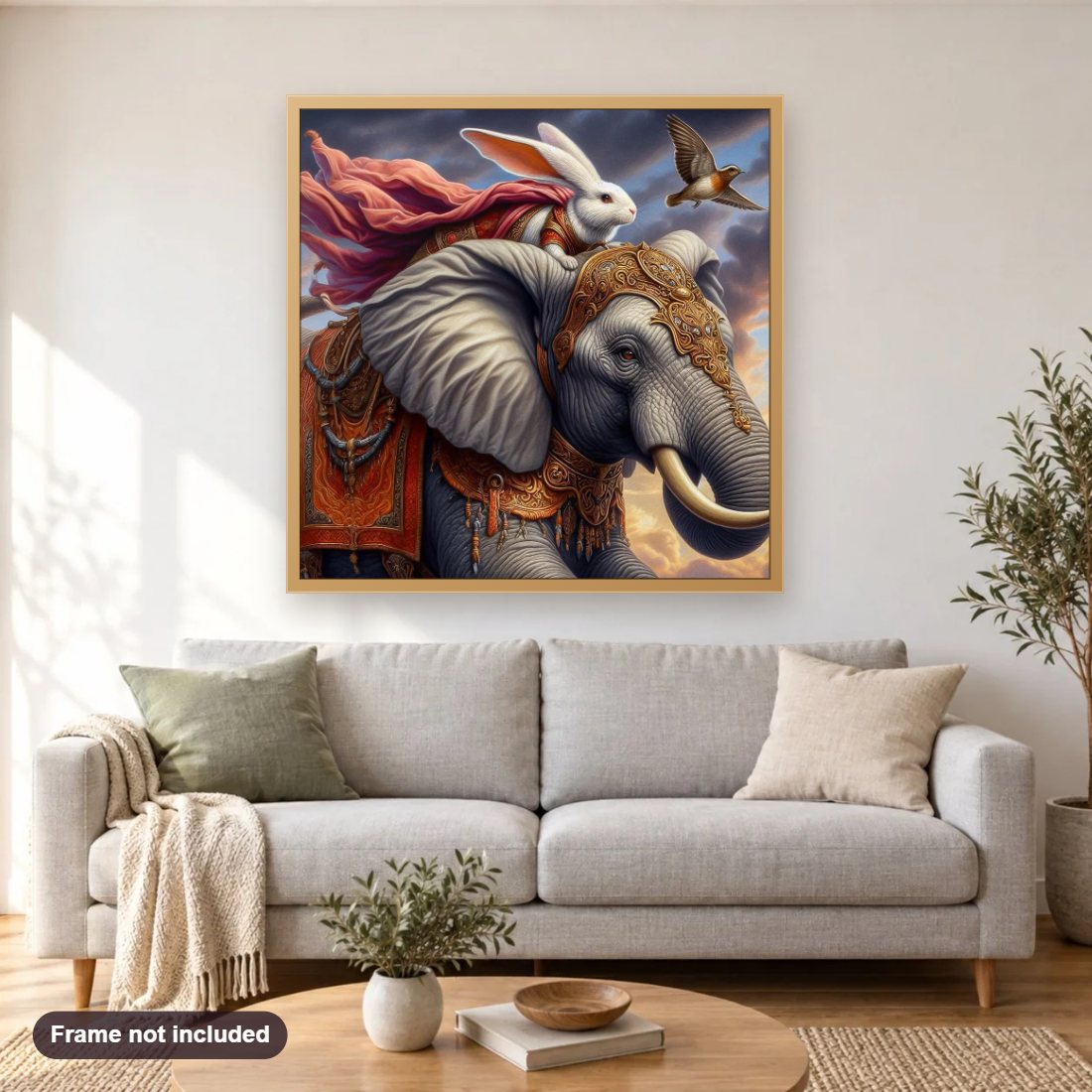Bunny's Grand Adventure diamond painting shown framed on a living room wall above a sofa