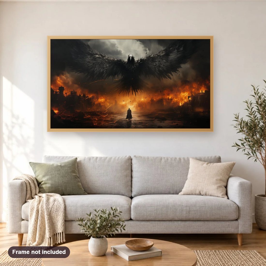 Burning City, Man and Eagle diamond painting shown framed on a living room wall above a sofa