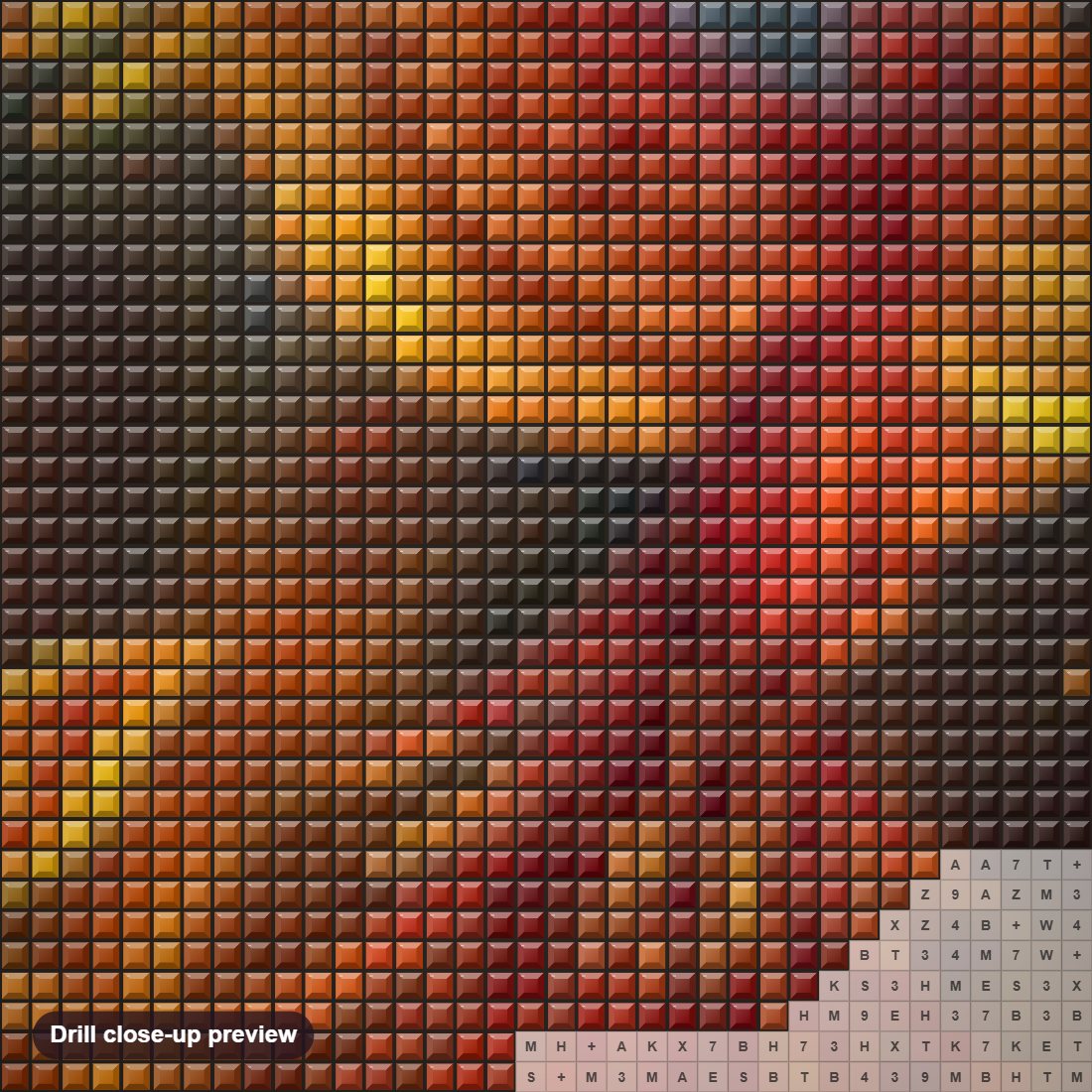 Close-up preview of the Burning Phoenix diamond painting with square 5D drills and printed canvas symbols