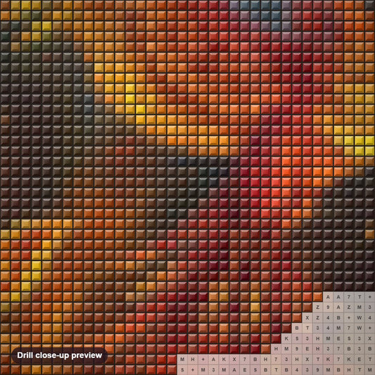 Close-up preview of the Burning Phoenix diamond painting with square 5D drills and printed canvas symbols