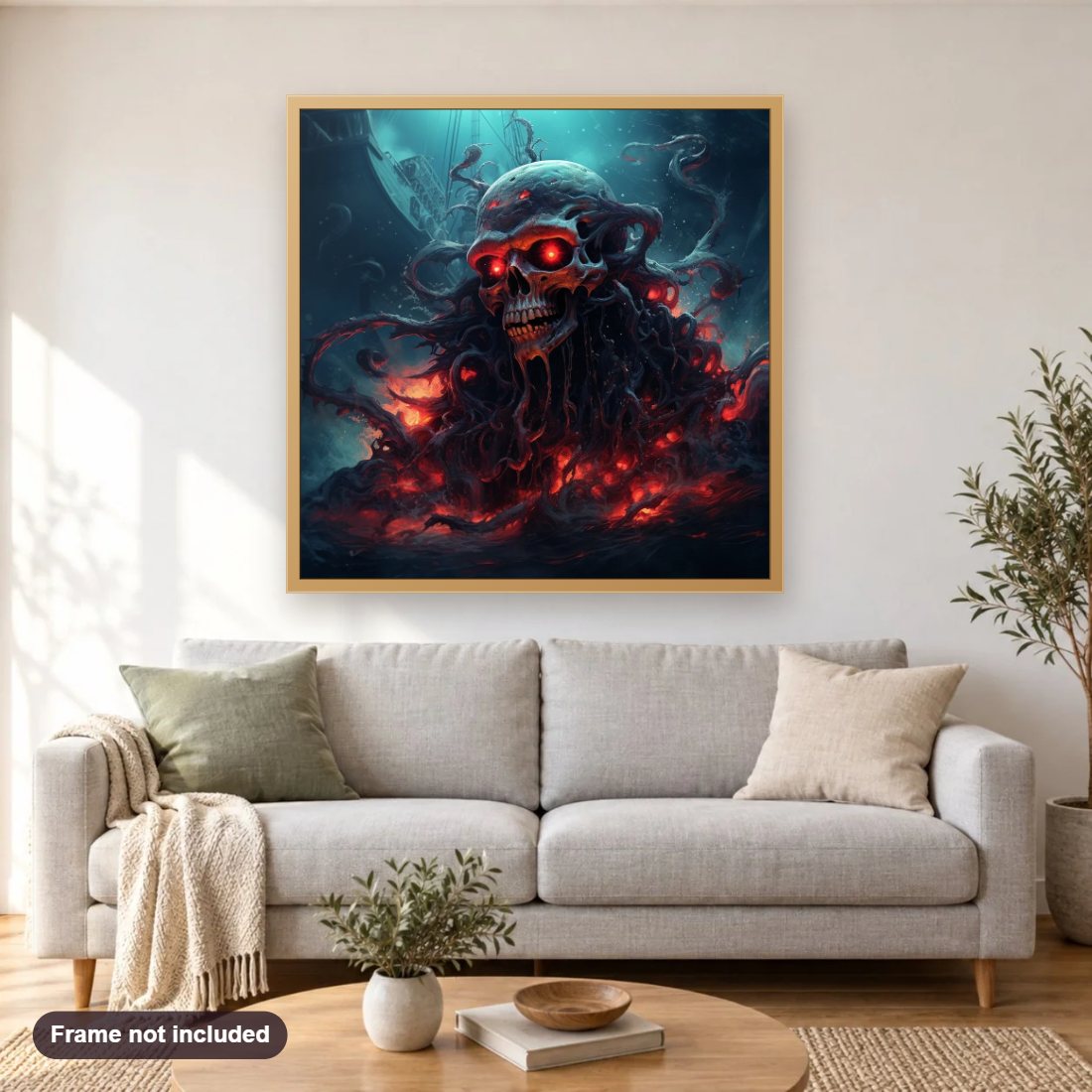 Burning Skull diamond painting shown framed on a living room wall above a sofa