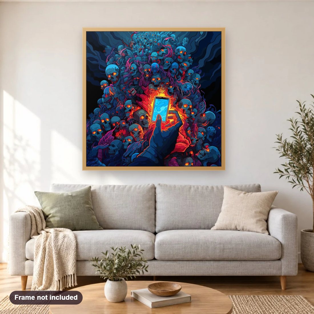 Burning Souls diamond painting shown framed on a living room wall above a sofa