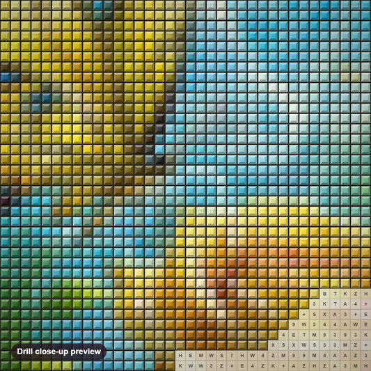 Close-up preview of the Butterflies Dance Around a Yellow Rose diamond painting with square 5D drills and printed canvas symbols