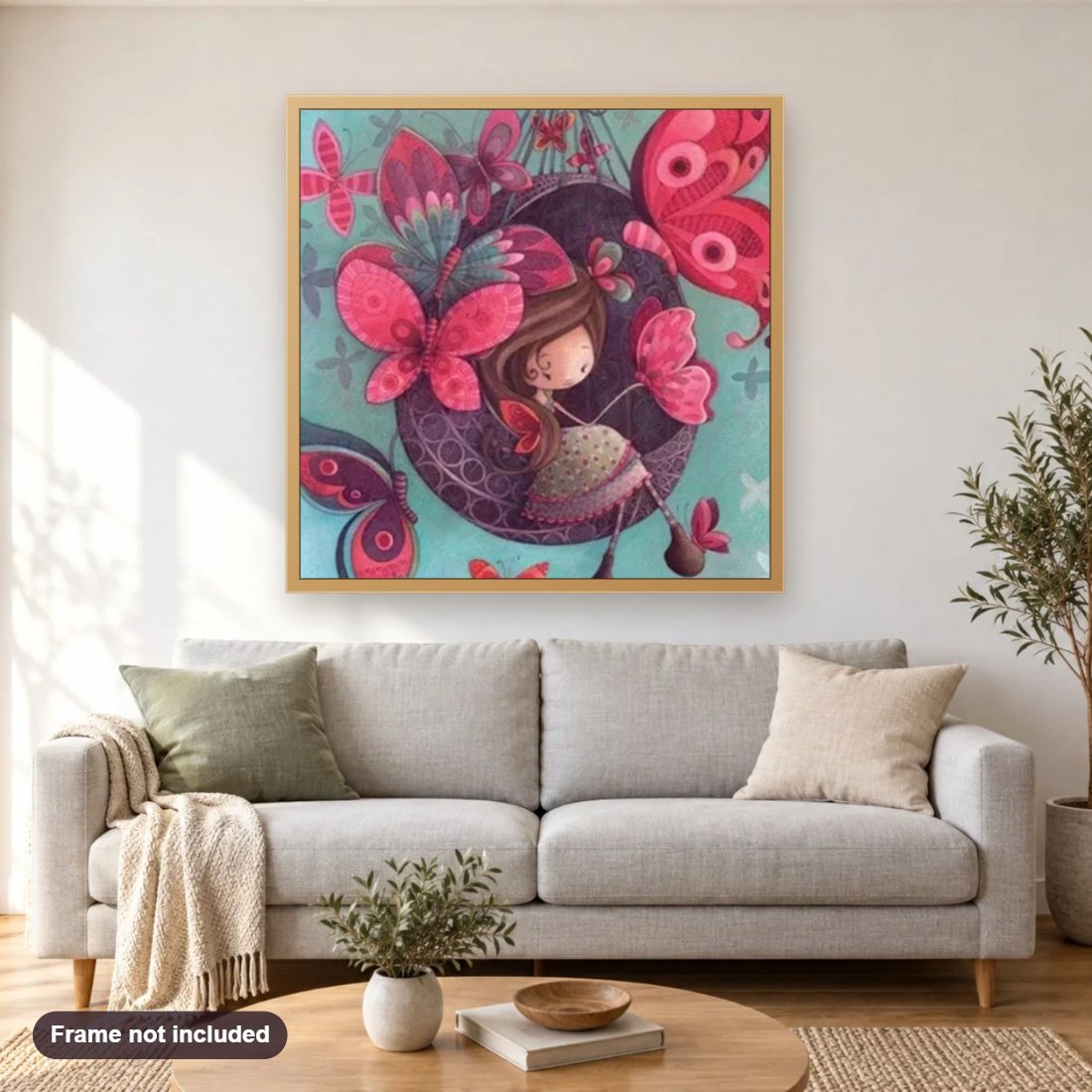Butterflies & Little Fairy diamond painting shown framed on a living room wall above a sofa