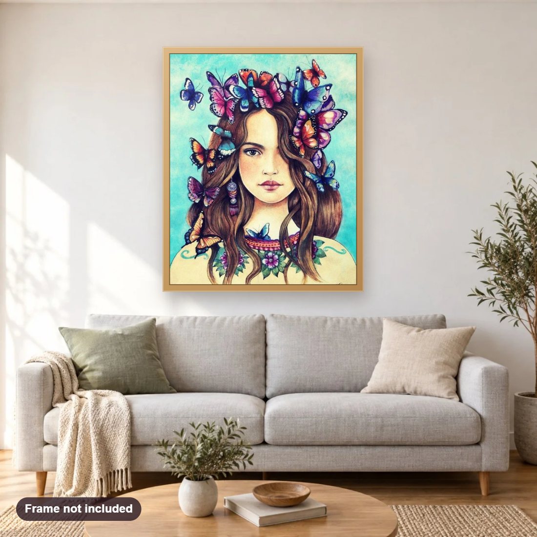 Butterflies on her Mind diamond painting shown framed on a living room wall above a sofa