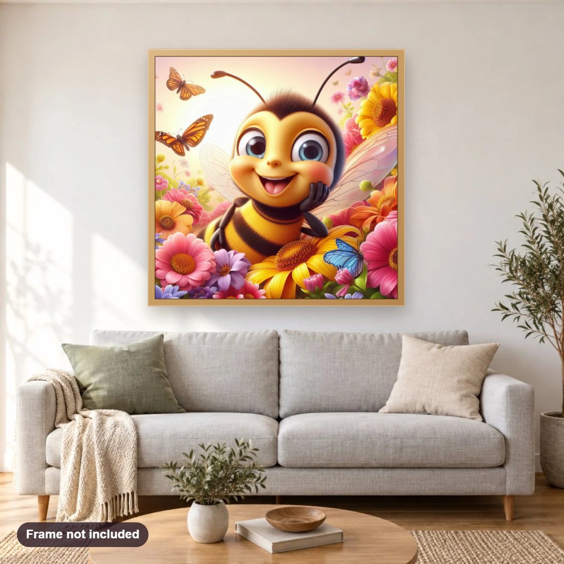 Butterfly and Bee Bliss Amidst the Flowers diamond painting shown framed on a living room wall above a sofa