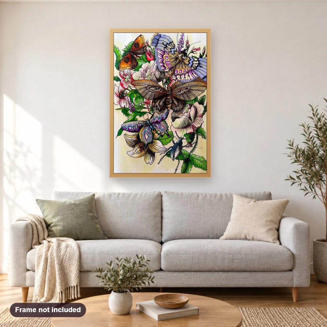 Butterfly Art diamond painting shown framed on a living room wall above a sofa