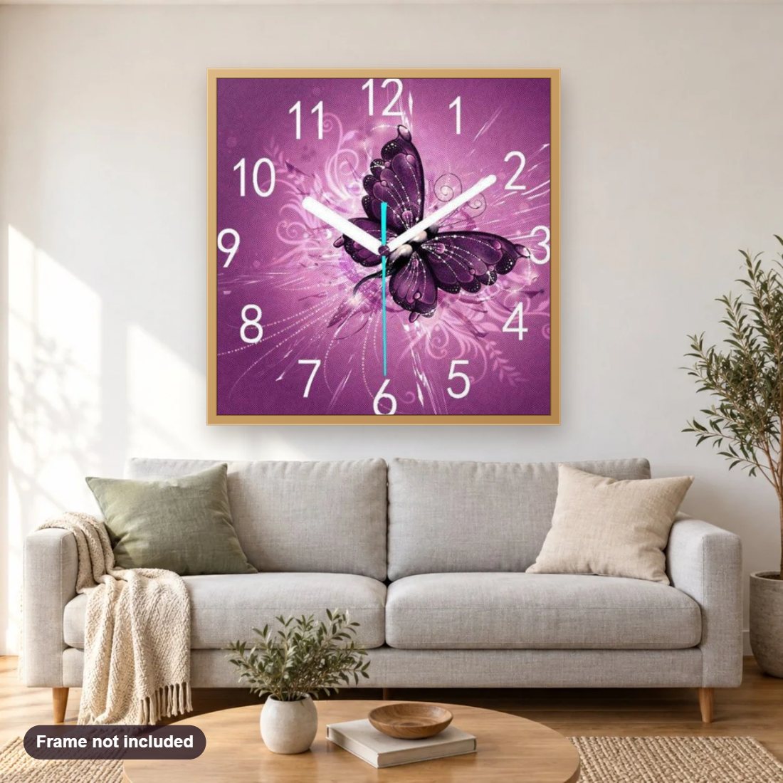 Butterfly Clock diamond painting shown framed on a living room wall above a sofa