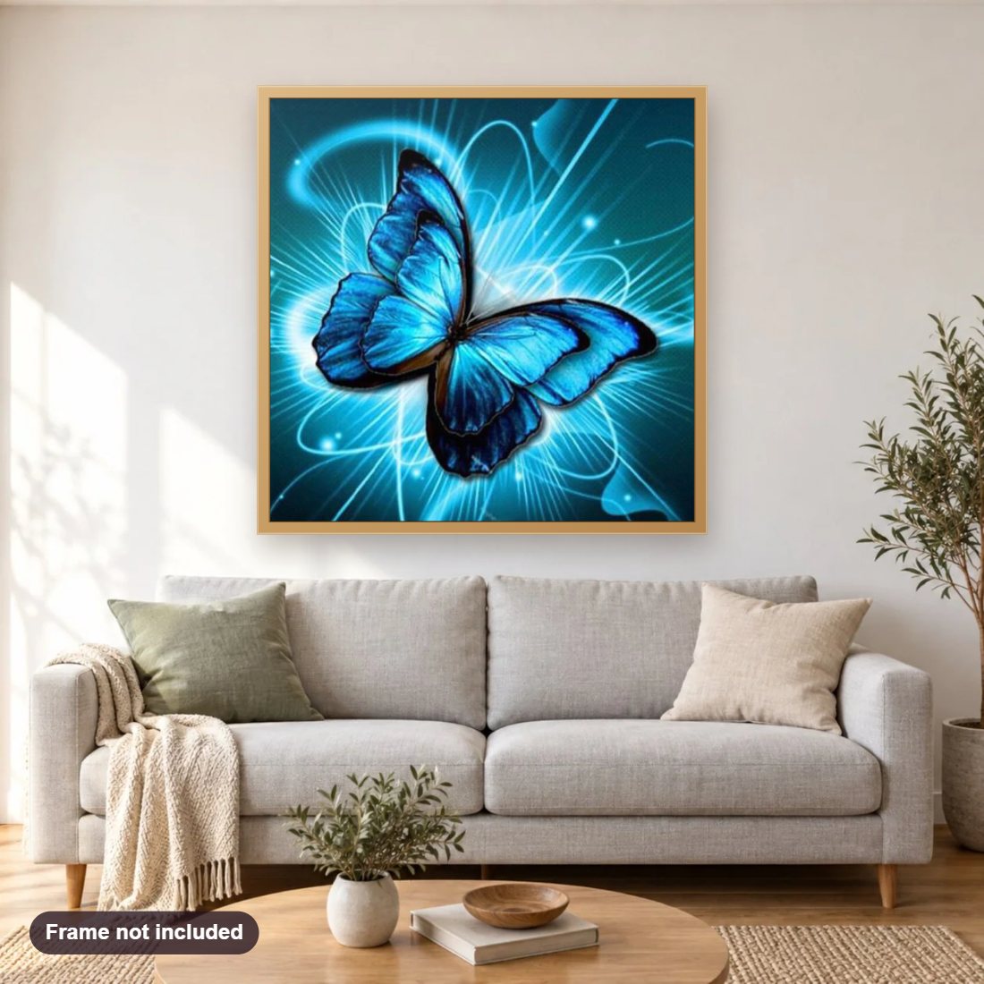 Butterfly diamond painting shown framed on a living room wall above a sofa