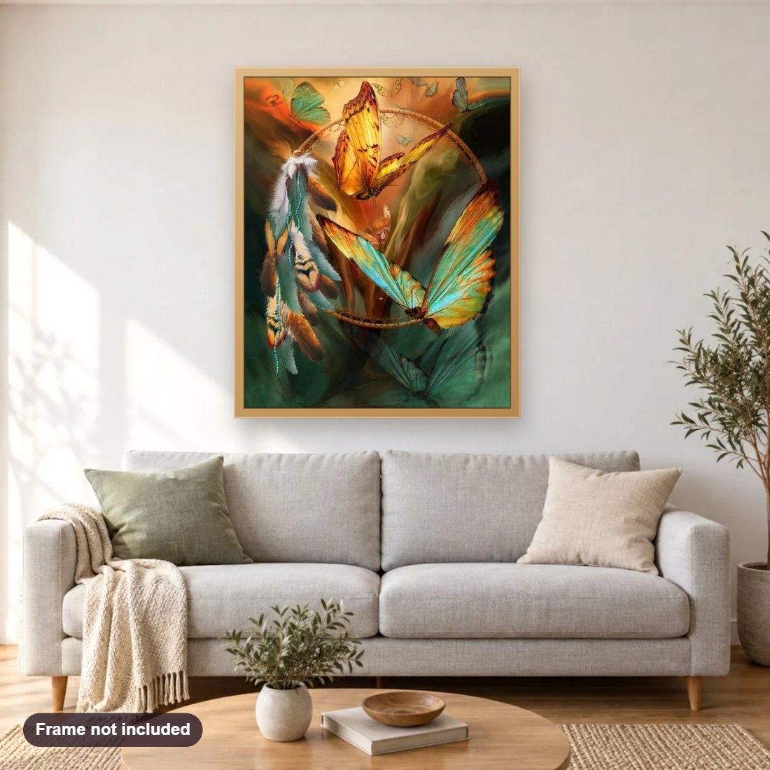 Butterfly Dream Catcher diamond painting shown framed on a living room wall above a sofa