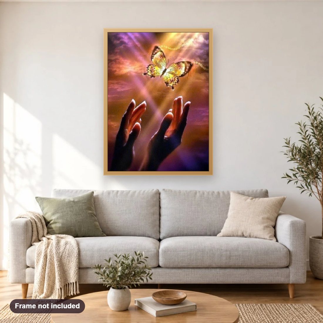 Butterfly Flying into the Sky diamond painting shown framed on a living room wall above a sofa