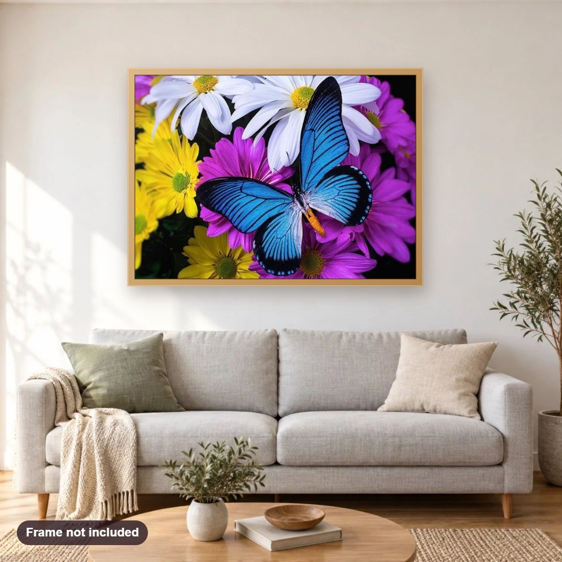 Butterfly diamond painting shown framed on a living room wall above a sofa